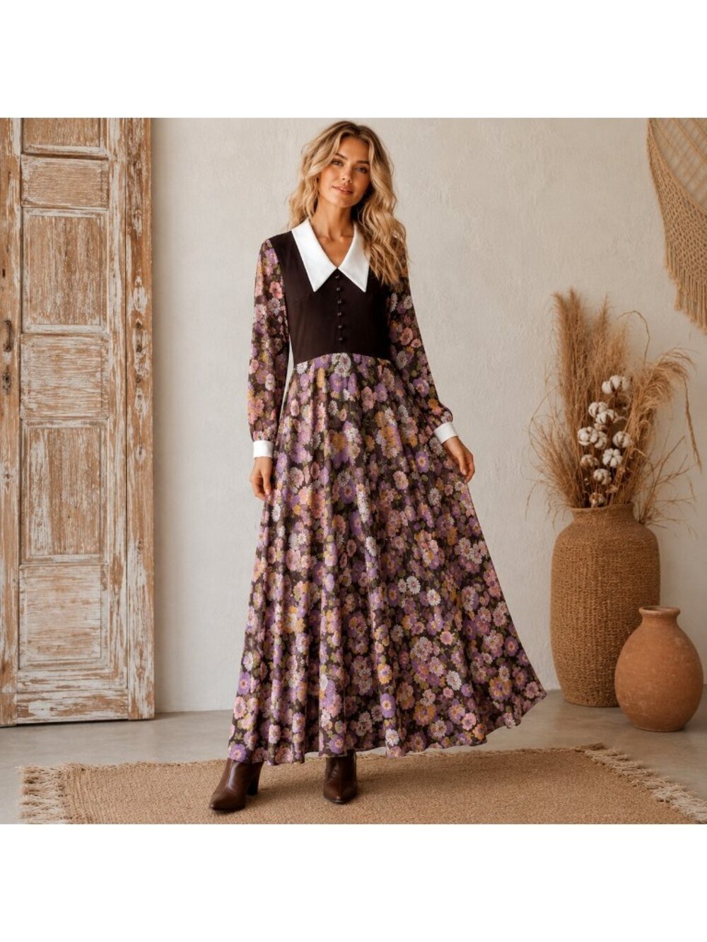 Vintage Handmade 70s Flora Brown Purple Maxi Dress S